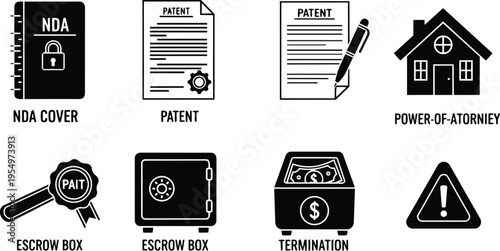 Vector line art set of legal and financial icons arranged in grid for coloring book simple outlines close up flat style black white educational minimalist