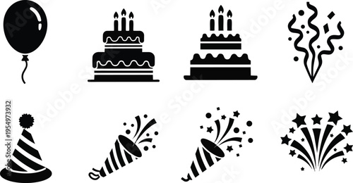 Vector art party icons for a coloring book showing balloon two tier cake party hat confetti streamers party popper starburst set close up outline style simple