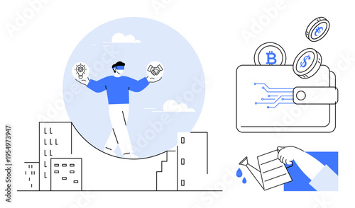 Digital finance, blockchain technology, cryptocurrency use, economic innovation, online payments, and investments. Person holding gears and handshake, cryptocurrency wallet, and hand holding an empty