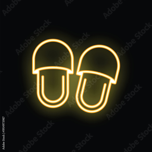 Neon sign of a pair of slippers glowing brightly on a black background