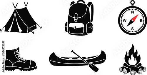 Minimalist vector icons camping set top view tent backpack compass boot canoe paddle campfire for coloring book bold outlines simple shapes nature adventure children activity outline
