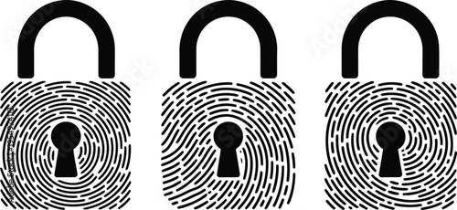 Minimalist black padlock icons with integrated fingerprint patterns for modern digital security concepts