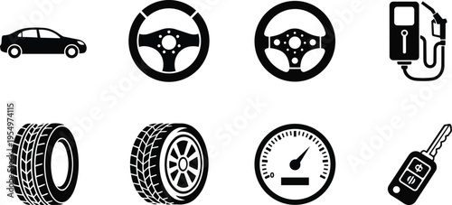 Vector car parts icons for coloring book detailed steering wheel tires speedometer fuel pump car key side profile sedan close up flat design simple bold outline