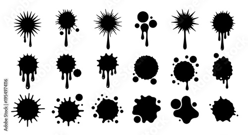 Ink splatter set with black paint drops and drips on white background featuring splashes, grunge effects, messy art with abstract art and creative