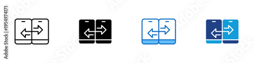 Mobile File Transfer Multiple Style Icon Design Vector - Two smartphones with arrows representing file transfer, data exchange, and peer connection