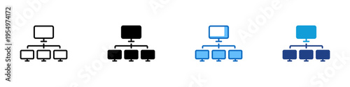 Network Topology Multiple Style Icon Design Vector - Connected computers in hierarchy representing network structure, system architecture, and data distribution
