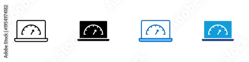 Performance Monitor Multiple Style Icon Design Vector - Laptop with speed gauge representing system performance tracking, speed monitoring, and device optimization
