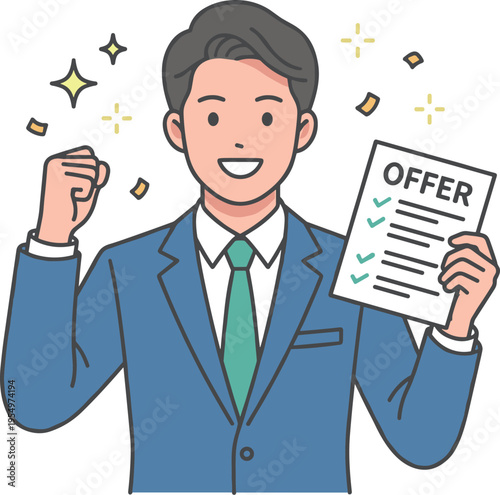 内定通知を受けて喜ぶビジネスパーソン（オファーレター・就職成功・転職）