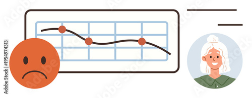 Business analysis, emotional response, data trends, decision-making, outcome comparison, employee analytics. A graph shows a declining trend paired with a sad face and a smiling avatar. Business