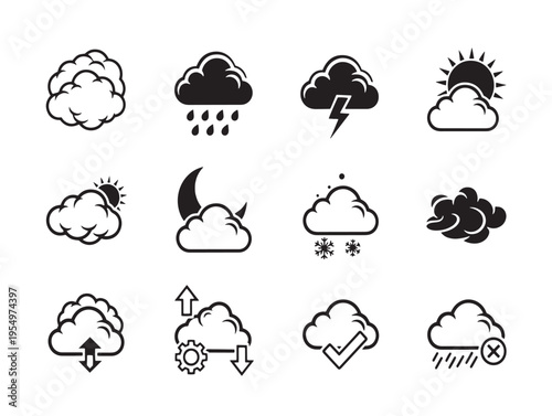 A set of weather icons in black and white