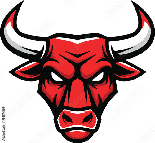 Aggressive red bull head mascot vector illustration with sharp horns and angry expression isolated on white background for sports team logo and power branding