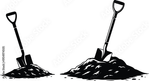 Pair of strong black silhouette shovels stand within separate mounds of dark earth on white