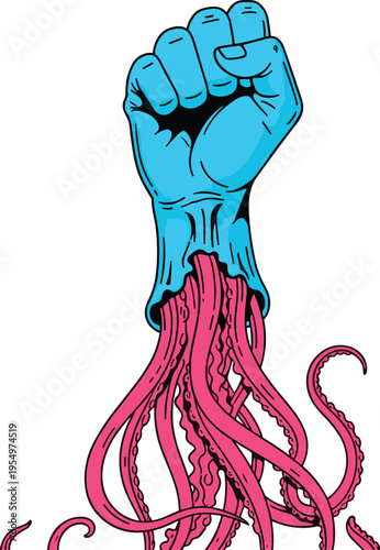 Abstract blue clenched fist with pink octopus tentacles creative surreal vector illustration isolated on white background for power strength and deep sea monster concepts