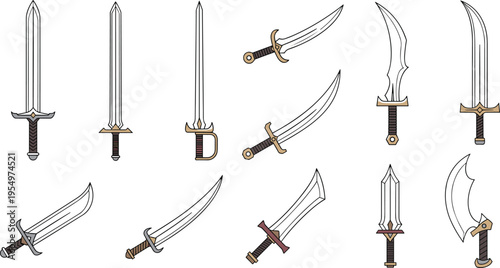 Medieval fantasy swords collection with different blade styles weapon set vector illustration