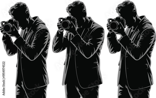 Repeated silhouette of a person in a suit holding a professional camera to their eye