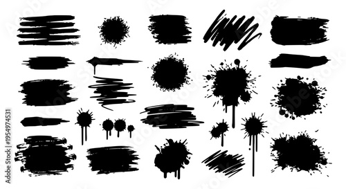 Brushstroke set with black ink splatters and smudges, grunge texture elements featuring paint splatter, vector graphics, design resources with