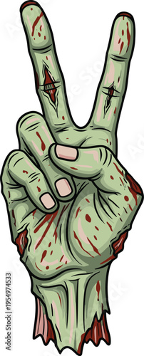 Scary zombie hand making peace sign gesture with green decaying skin and bloody wounds vector illustration isolated on white background for Halloween horror design