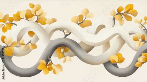 A digital illustration of intertwined, curved, and twisted shapes in shades of gray and white, with yellow leaves and stems.