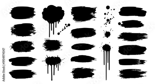 Brush strokes set with black ink splatters and smudges, various textures and shapes for artistic design.