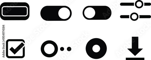 Vector icon set top view simple ui controls for a coloring book showing toggle switches radio buttons checkbox download arrow flat design minimal line art outline
