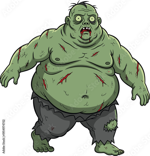 Scary fat zombie character vector illustration with green skin and bloody wounds walking on white background for Halloween horror design projects and spooky posters
