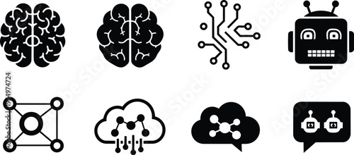 Vector art set of brain robot chip cloud network and chatbot icons in bold outlines for coloring book simple isolated designs for childrens activity page print