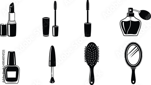 Minimalist vector top view makeup icons lipstick mascara brush perfume nail polish compact mirror arranged flat for coloring book line art simple bold outlines stylized monochrome