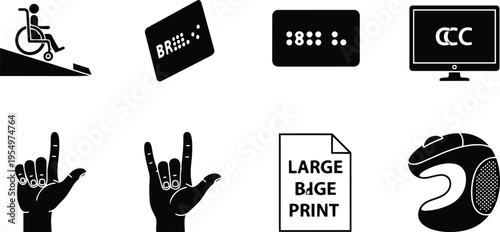 Minimalist accessibility icon set for coloring book featuring wheelchair ramp braille card large print monitor hand signs helmet close up front view isolation outline flat vector art
