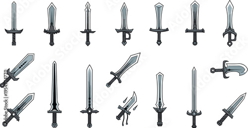 Medieval swords collection with detailed blades and fantasy weapon designs vector illustration