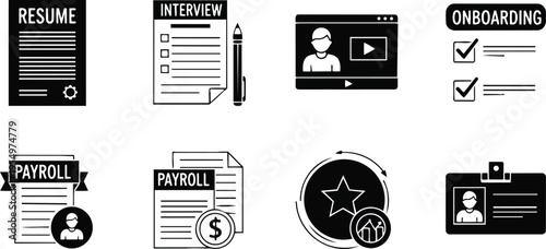 Flat design simple black line icons showing resume interview video onboarding payroll badge and rewards arranged in eight icon set for a coloring book educational mood
