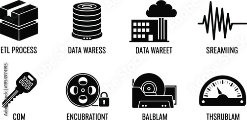 Flat vector icons close up eight data technology symbols etl server database cloud streaming security key tape drive gauge for coloring book simple line outline