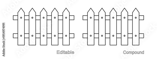 Wooden picket fence seamless border on a white background. Editable and compound outline drawing, isolated. Linear icon, vector illustration. Template for coloring page.