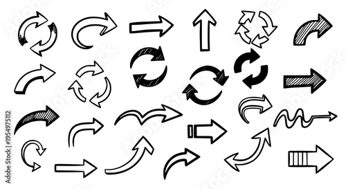 Arrows hand drawn set with black curved lines, straight lines, and circular motions on white background