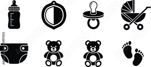 Flat vector icons baby symbols front view bottle pacifier stroller diaper teddy bear footprints shield badge set for coloring book simple outline style minimal center composition