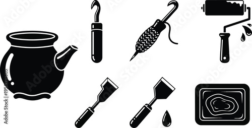 Minimalist vector art close up pottery tools set including pot sponge hook carving loop wire clay cutter for coloring book simple outline style handmade texture clean