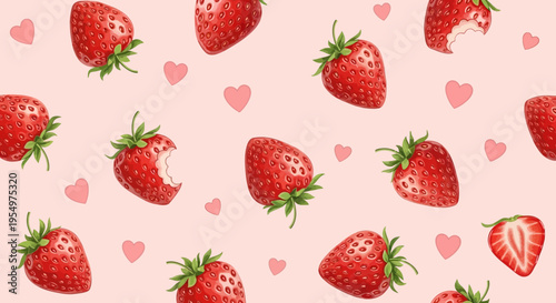 Sweet Seamless Pattern with Fresh Red Strawberries, Some Bitten, and Pink Hearts on a Light Pink Background