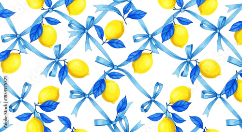 Refreshing Seamless Watercolor Pattern with Bright Yellow Lemons and Blue Ribbons on a White Background