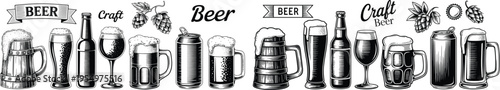 Hand Drawn Beer Collection With Mugs Bottles And Hops