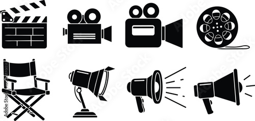 Black film production icons set for coloring book featuring clapperboard vintage camera film reel director chair studio light megaphone lineup bold simple outlines large printable designs