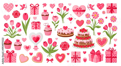 Assortment of Valentine's Day Love Elements with Pink Hearts, Gift Boxes, Cakes, and Flowers on Isolated White Background