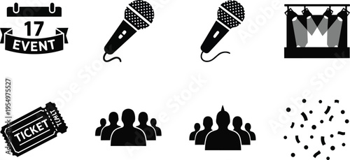 Vector art simple icons microphone stage tickets crowd confetti calendar event for coloring book outline style close up front view black line art playful party scene