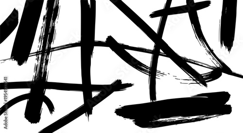 Brush strokes chaotic black set with abstract artistic lines and grunge textures, creating a dynamic visual effect.