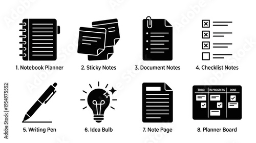 Planning & Notes Vector Icons – Notebook, Checklist, Sticky Notes & Idea Bulb