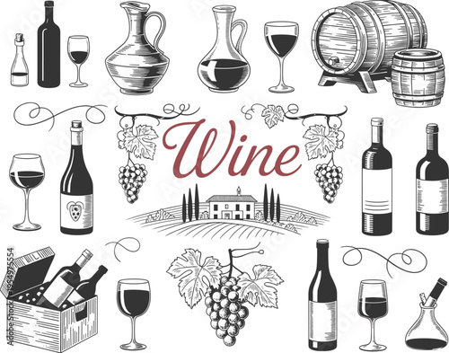 Vintage Wine Collection and Vineyard Scene grapes barrel