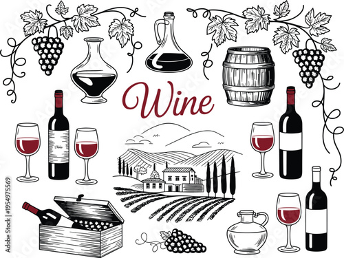 Wine making and tasting elements with vineyard landscape