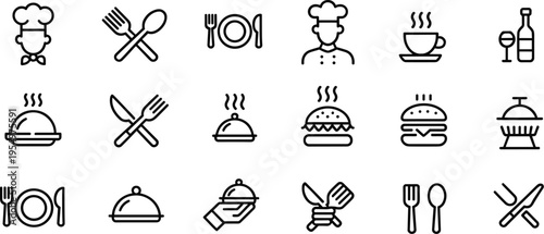Outline Icons for Food and Restaurant Services Keywords: food, restaurant, icon, symbol, chef