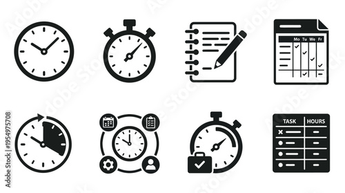 Time Management & Scheduling Vector Icons – Clocks, Calendar, Stopwatch & Planner