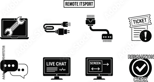 Vector art close up remote it support icon set laptop wrench cables chat monitor tickets resolution check for coloring book simple line style bold outline ready