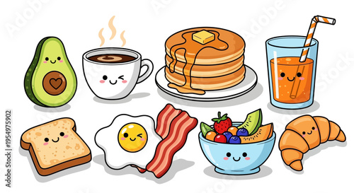 Cute cartoon breakfast food and drink items, cheerful morning meal, isolated white background.