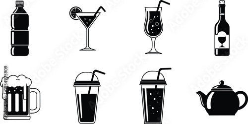Vector line art beverage icons set for coloring book assorted drink bottles glasses mugs teapot takeaway cup with straws martini wine beer coffee minimalist close up